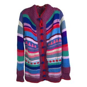 Vintage Handknit Cardigan Sweater Womens Large Preppy‎ Cottage Core Stripes 80's